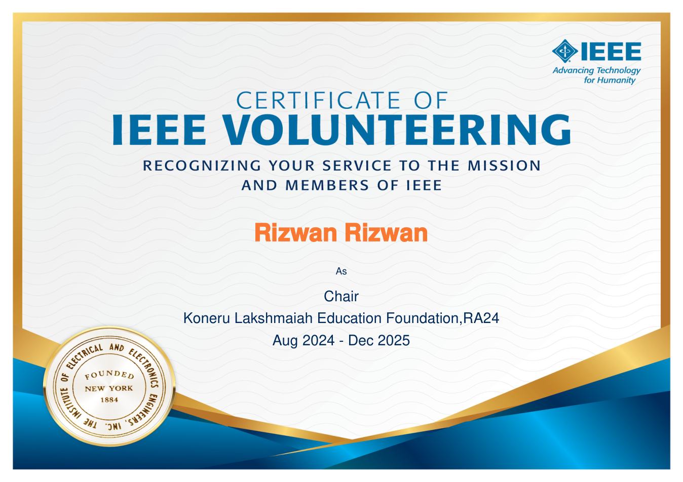 IEEE RAS Chair certificate
