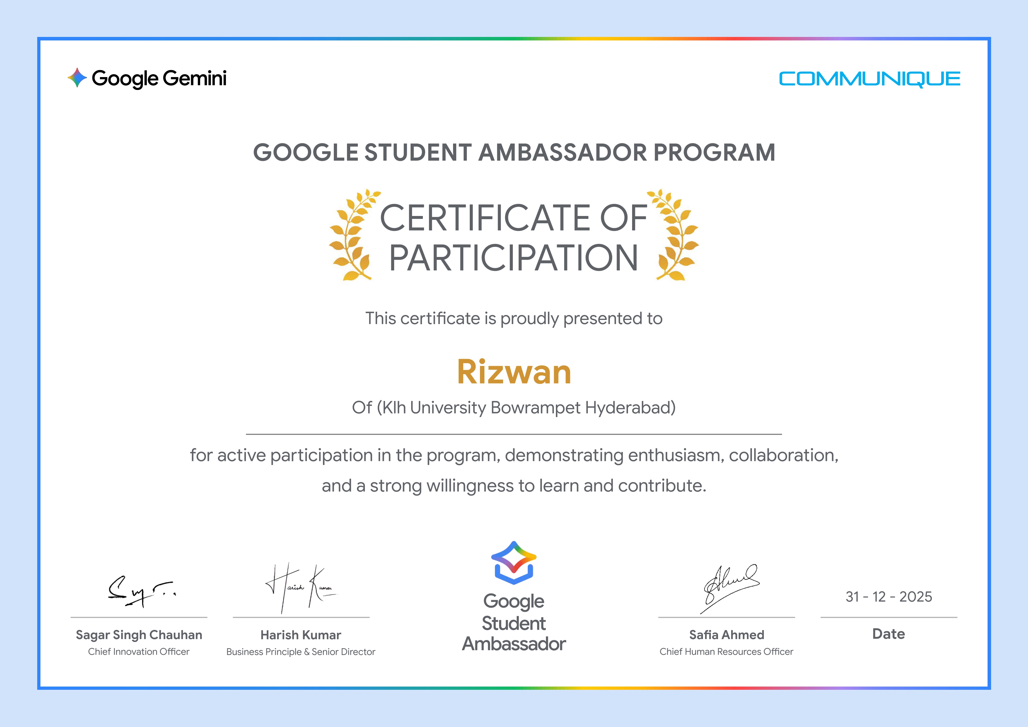 Google Gemini Student Ambassador certificate