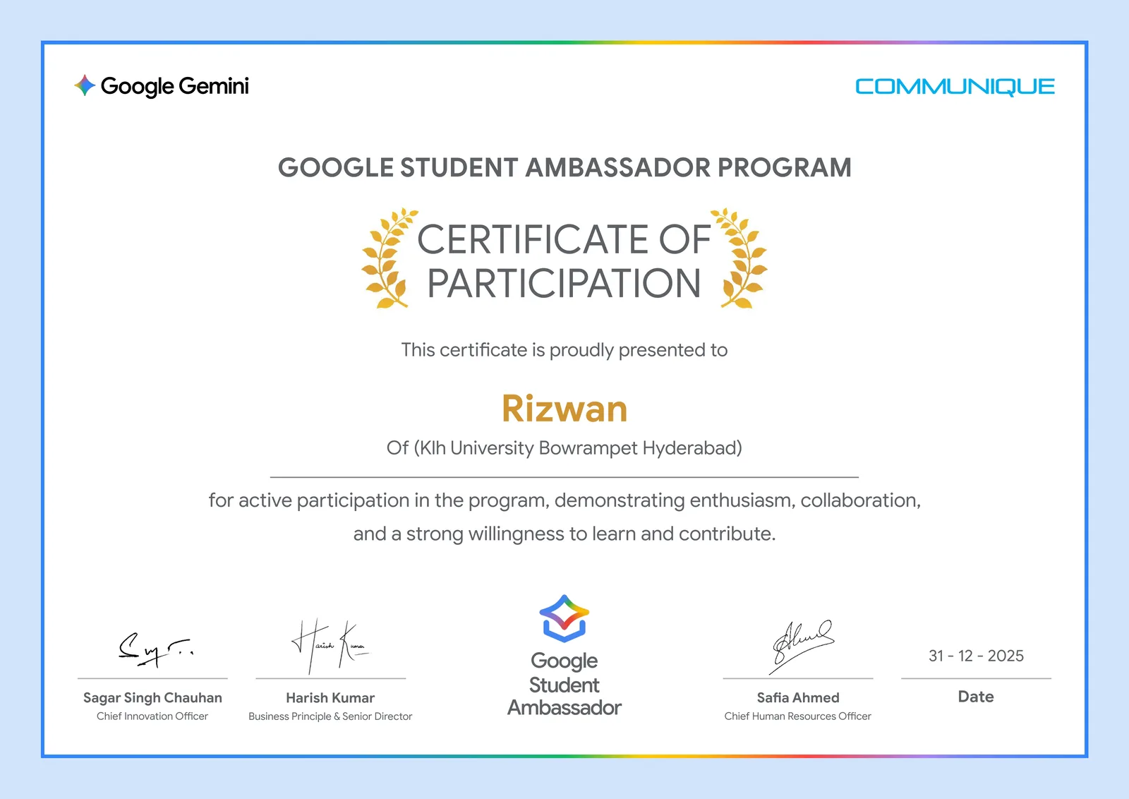 Google Gemini Student Ambassador certificate