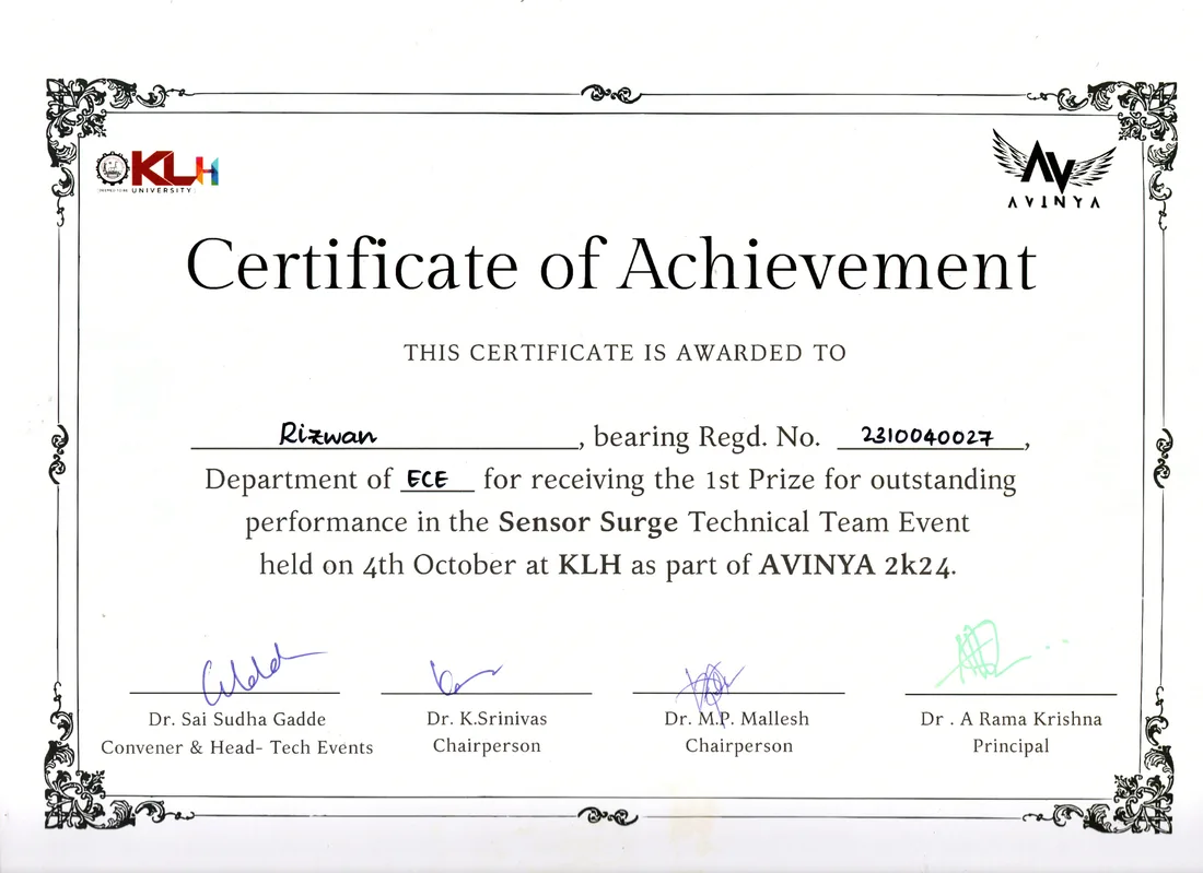 IoT technical event first prize certificate